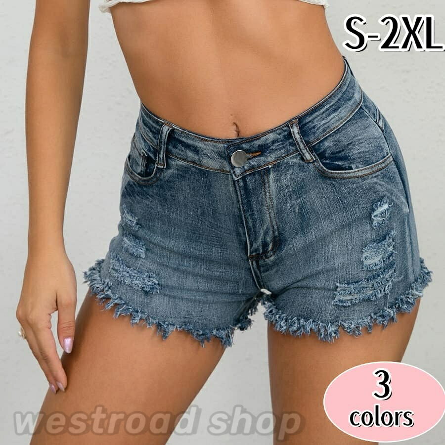 Short Pants - クラッシュデニム ミニ丈 ショートパンツ セクシー 短パン デニム パンツ ジーパン レディース デニムショートパンツ ホットパンツ ボトムス ポケット付き ダメージ加工 女性用 美尻 美脚 大人ファッション