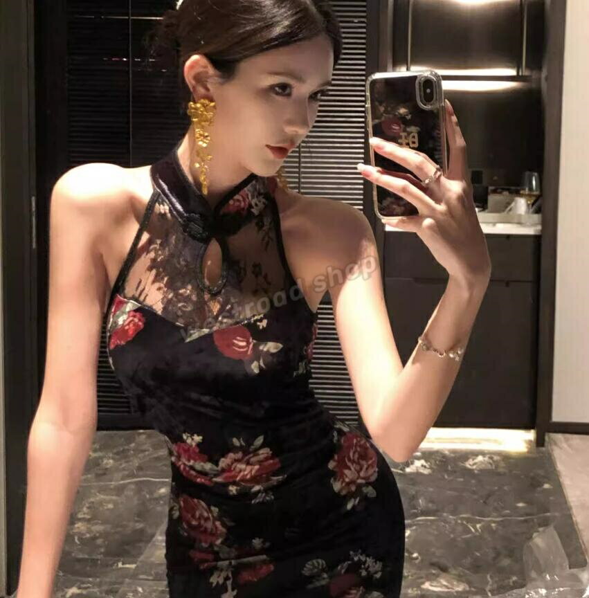 チャイナドレス ノースリーブ ホルターネック スリット セクシー スリット スリム ボディコンワンピース 着痩せ デイリー エレガント カジュアル プリント ベルベット レース切替 中華 ドレス 舞台 イベント 撮影会 衣装 春 夏