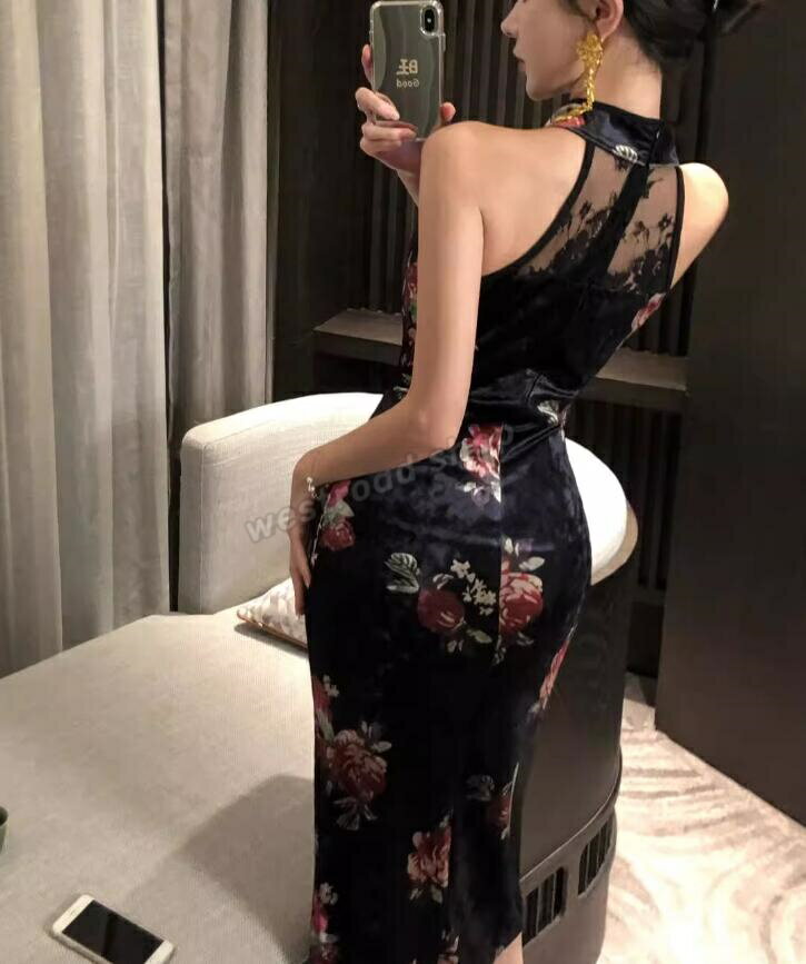 チャイナドレス ノースリーブ ホルターネック スリット セクシー スリット スリム ボディコンワンピース 着痩せ デイリー エレガント カジュアル プリント ベルベット レース切替 中華 ドレス 舞台 イベント 撮影会 衣装 春 夏