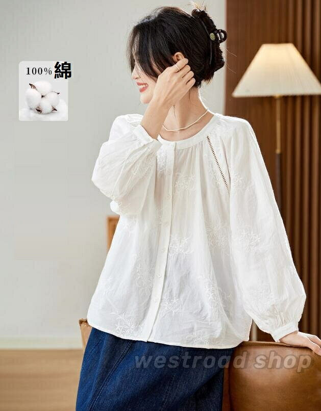 樂天商城 - オシャレ ラウンドネック シャツ ブラウス 長袖 レディース ブラウス トップス パフスリーブ 長袖 花柄 刺繍 綿100 女性用 大きいサイズ ゆったり 白シャツ 春 夏 韓国ファッション 大人可愛い 上品 通勤 オフィス カジュアル おしゃれ