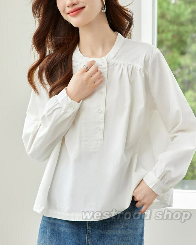 Rakuten - 全3色 ノーカラー シャツ レディース シャツ ブラウス 綿100 無地 長袖トップス プルオーバー tシャツ カットソー ゆったり 大きいサイズ 体型カバー きれいめ 春夏 春服 女性用ファッション 大人可愛い 上品 通勤 オフィス カジュアル おしゃれ