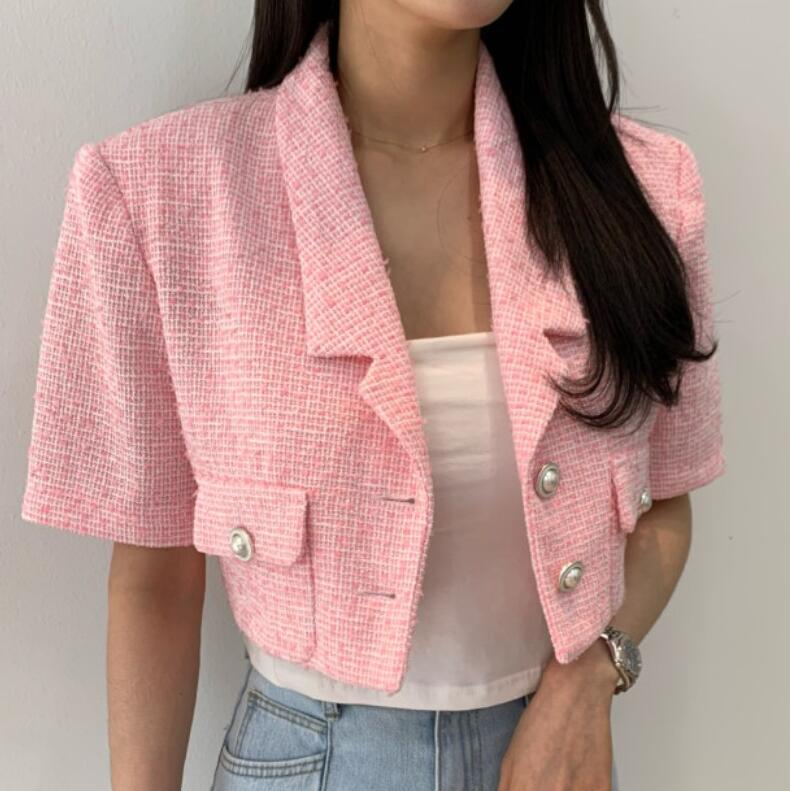 乐天商城 - レディース サマージャケット シンプル アウター ツイード ジャケット ショート丈 半袖ジャケット トップス 羽織り 無地 春 夏 カーデ 大人可愛い スタイリッシュ お洒落