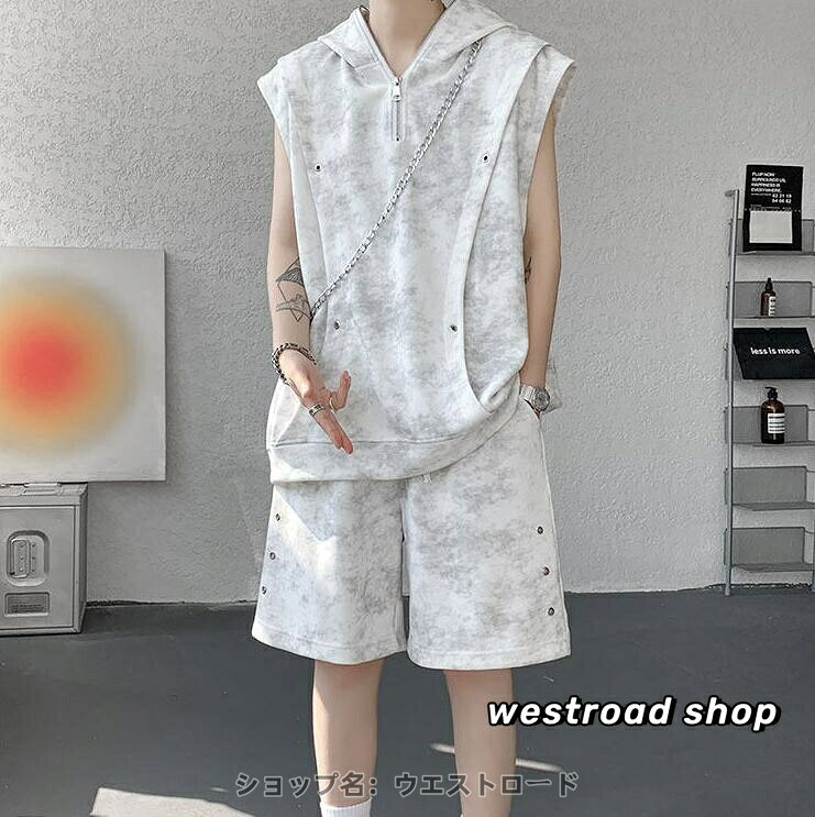 Sleeveless T-shirt and shorts set for men. Cool, summery tracksuit set with tie-dye design. Comfortable pullover hoodie, half-pants, tank top, and vest. Available in plus sizes. Suitable for adults, students, loungewear, commuting, school, outdoor activities, and street style. Cool and stylish for spring and summer.