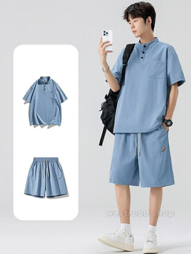 2点セット メンズ 半袖 カジュアルシャツ 無地 立襟 おしゃれ かっこいい 爽やか 通気性 スポーツウェ 夏服 メンズ 普段着 運動 上下セット 春服 夏服 夏物 胸ポケット tシャツ ハーフパンツ ショートパンツ ルームウェア 柔らかい 快適 軽量