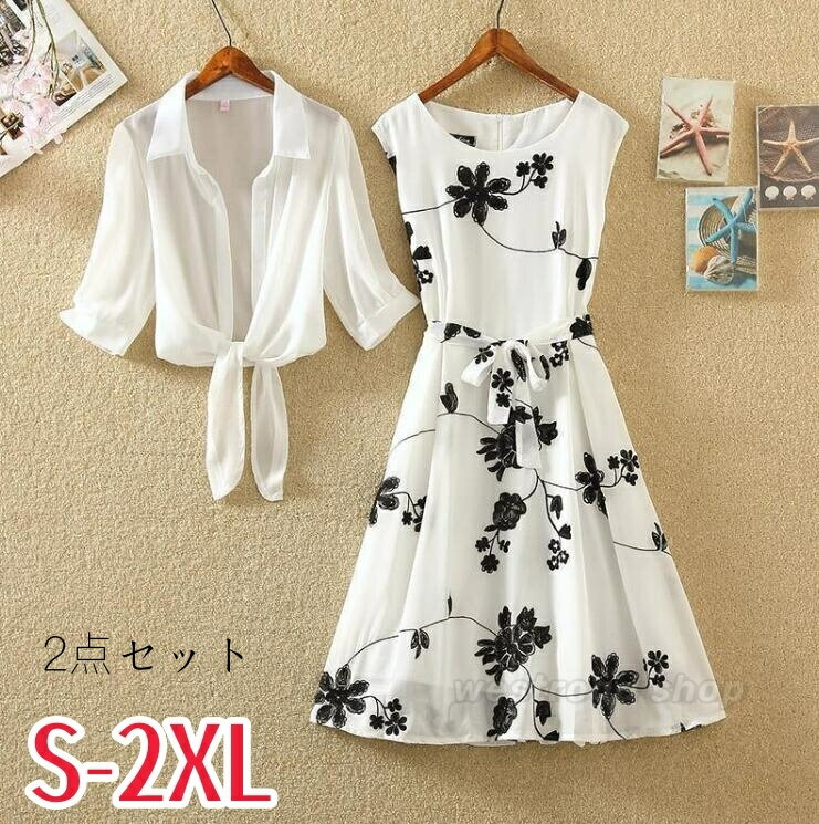 レディース 花柄 ツーピースドレス スタイリッシュ 上下セット UVカット シャツ シアーシャツ＋ワンピース Aライン 夏 リゾート 結婚式 披露宴 パーティー 卒業式 エレガント 20代 30代 40代 女性 セットアップ エレガント 2点セット【ラッシュガード シャツ+ワンピース】
