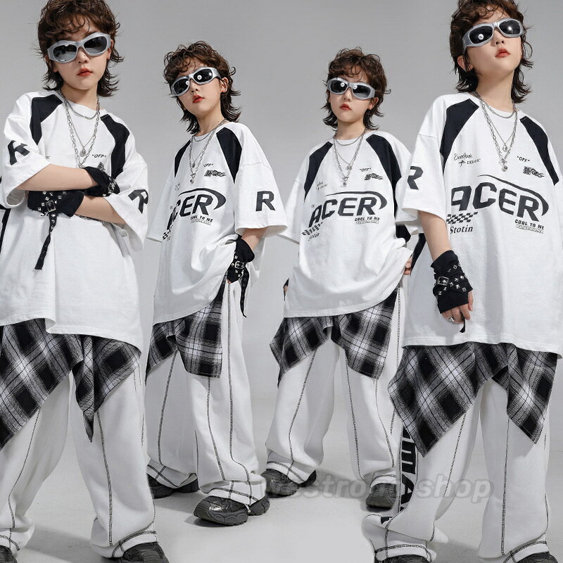 Rakuten - キッズ ダンス衣装 半袖Tシャツ ロングパンツ 舞台 団体服 ジャズダンス ヒップホップ hiphop kpop ダンスウェア ステージ衣装 jazz 演出服 体育祭 文化祭 学園祭 応援団 男の子 白 かっこいい ストリート ダンス 衣装