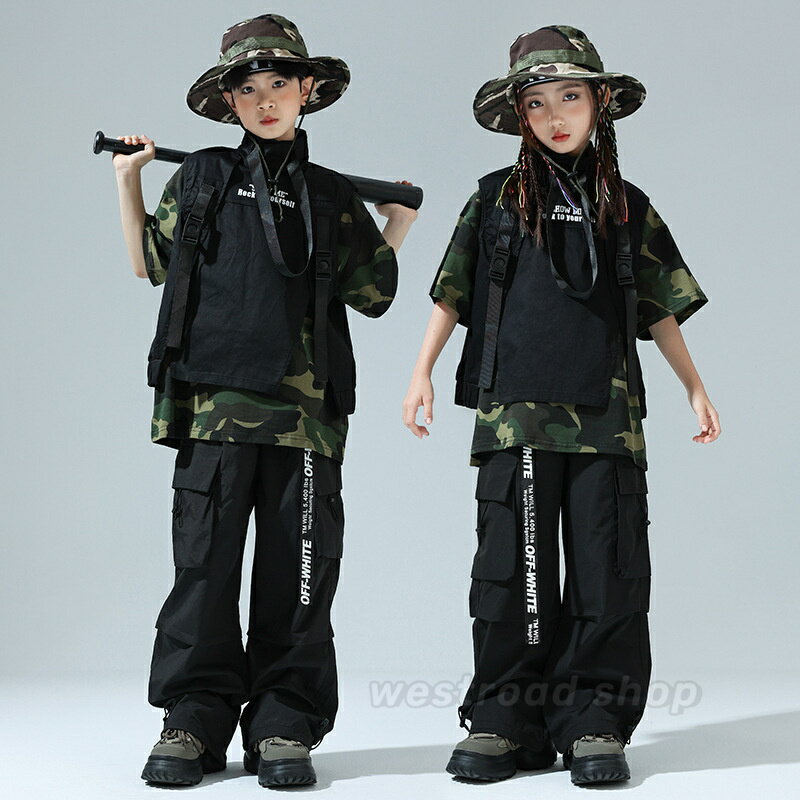 子供服 キッズ ダンス衣装 セットアップ ベスト ロングパンツ 黒 迷彩柄Tシャツ ヒップホップ hiphop K-pop 舞台 団体服 演出服 男女 女の子 ...