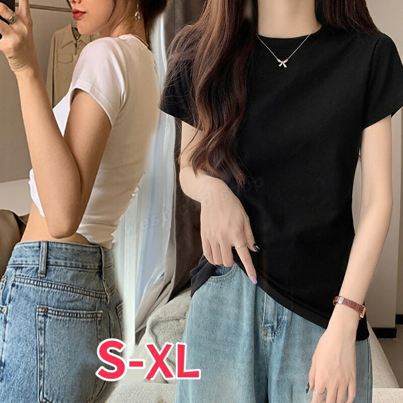 乐天商城 - スリムクロップド Tシャツ レディース コットントップス 半袖 ラウンドネック 無地 シンプル ベーシック タイト クロップド丈 着回し 細身 着痩せ 着心地いい カジュアル ファッション トレンド 大人 春 夏 普段使い お出かけ 通勤 通学