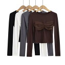 カットソー レディース クルーネック プルオーバー 長袖 tシャツ ギャザー飾り 胸元セクシー 無地 インナー タイトトップス 大人 キレイめ 韓国風 スリム ...
