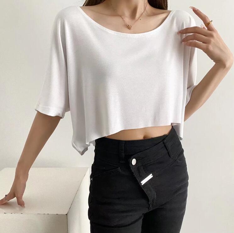 ボートネック 半袖 Tシャツ レディース へそ出しトップス ショート丈 ゆったり 薄手 無地 セクシー アウター 羽織り カットソー トップス カジュアル ダンス 衣装 女性用 コーデ おしゃれ 大人 夏服