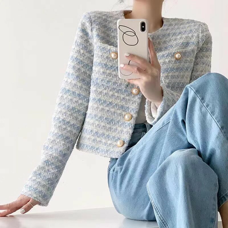 乐天商城 - ツイードジャケット レディース トップス きれいめ アウター 羽織り ノーカラージャケット ショート丈 長袖 ショートジャケット シンプル 大人可愛い 春秋ジャケット