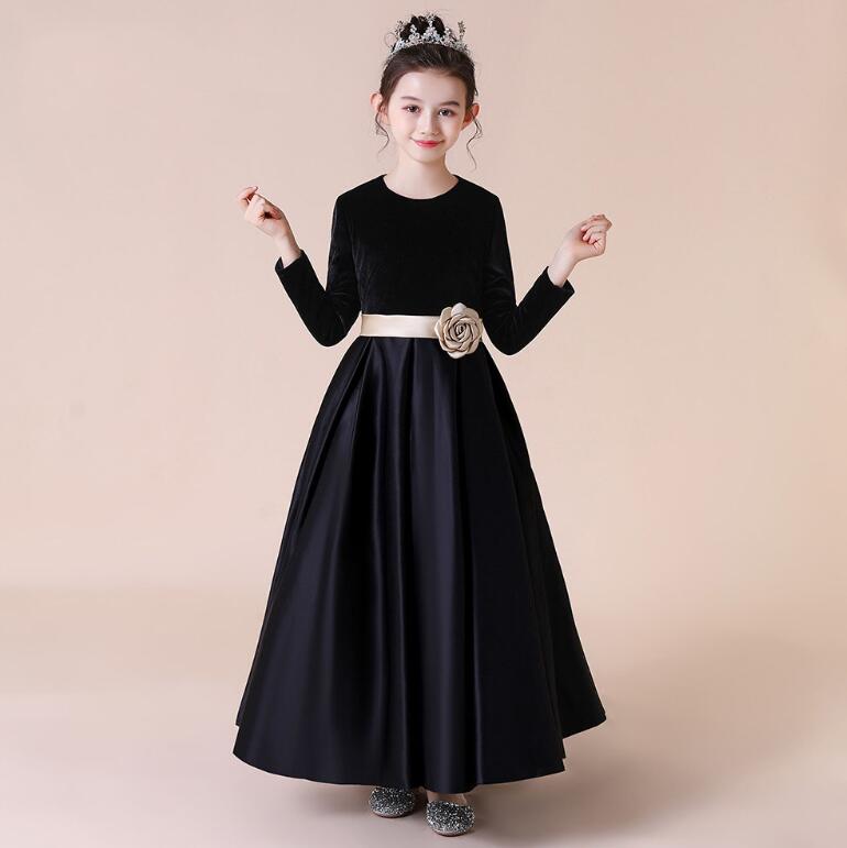 子供 ドレス ピアノ発表会 ドレス 長袖 秋冬 ベロア切替 フォーマル ドレス ジュニア 中学生 110 120 130 140 150 160cm 女の子 ワ...