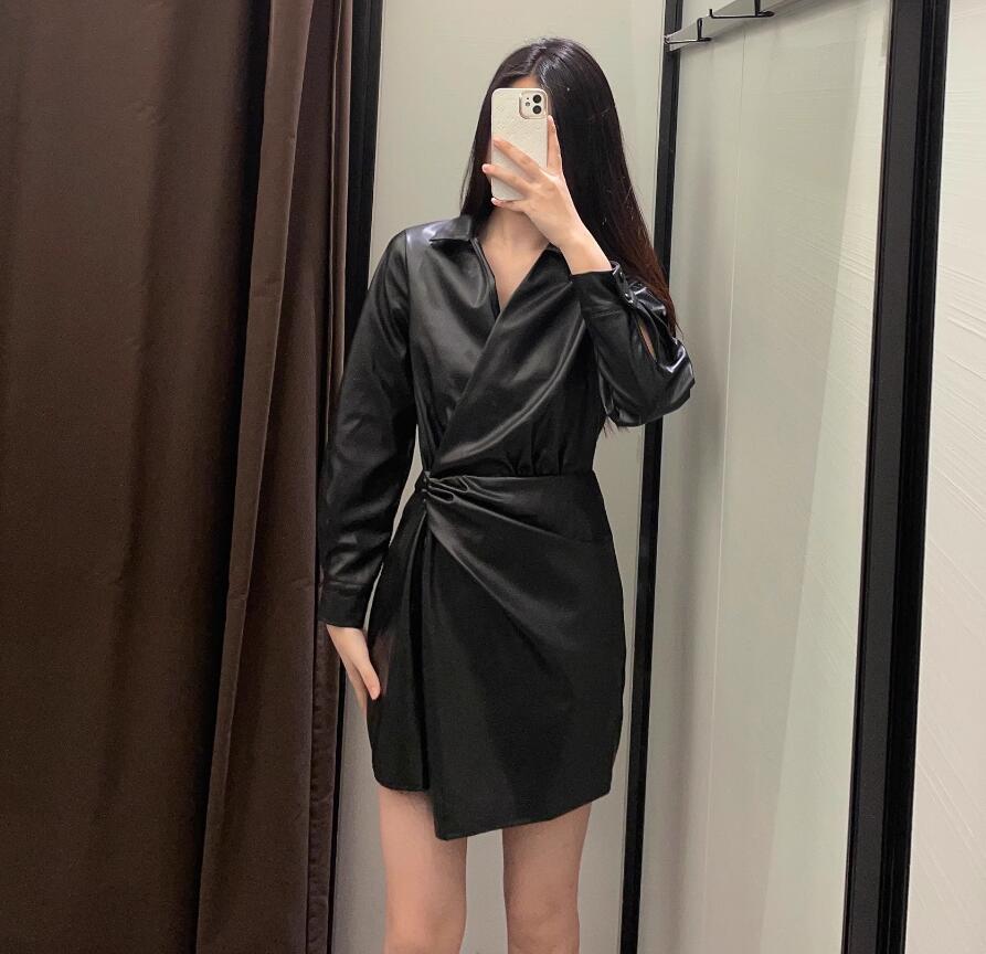 Pleats - Vネック プリーツ カシュクールワンピ レディース PUレザー ワンピース ショート丈 膝上丈 長袖 無地 女性用 キャバドレス キレイめ セクシー 着痩せ 大人 通勤 二次会 春秋 ファッション