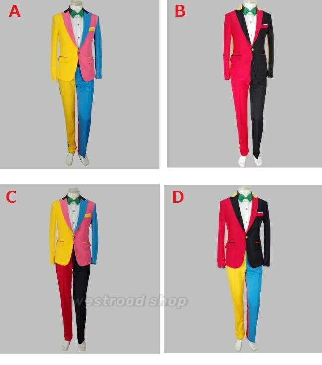 メンズスーツ 3点セット ジャケット+パンツ+蝶ネクタイ カラフル ステージダンス衣装 舞台衣装 コスプレ 仮装 ハロウィン クリスマス 仮装 パーティー 学園祭 成人式 コスチューム アイドル 撮影 歌手 有名人 余興 タレント 大人用 カジュアル 大きいサイズ