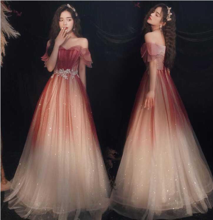 グラデーション イブニングドレス オフショルダー カラードレス Aライン キレイめ ロングドレス 発表会ドレス 演奏会ドレス パーティードレス 成人式ドレス お...