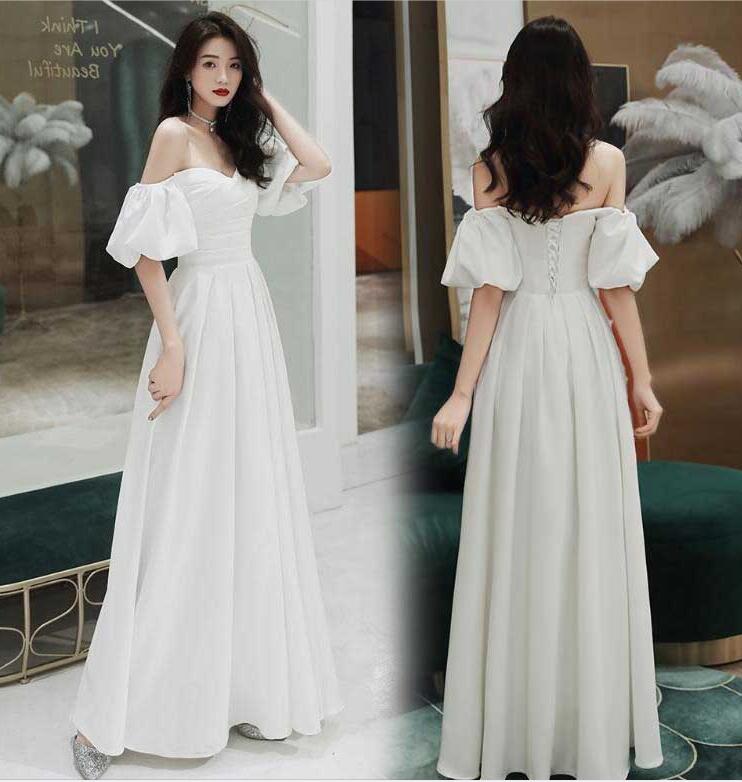 2TYPE選べる丈 ウェディングドレス 白ドレス オフショルダー Aライン フレア ワンピース 花嫁ドレス お嬢様 お呼ばれドレス パーティードレス ロングドレ...