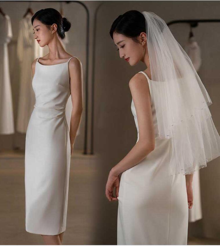乐天商城 - ウエディングドレス ノースリーブ ロングドレス タイト 膝下丈 結婚式 二次会ドレス 花嫁ドレス 白ドレス シンプル 上品 低身長 前撮り 後撮り 披露宴 結婚式 演奏会 発表会 パーティードレス おしゃれ 20代30代