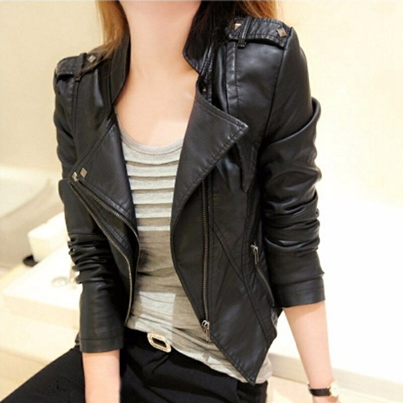 Turn-Down Collar Coat - レディースブルゾン PU レザージャケット ショート丈 ライダースジャケット バイクジャケット フェイクレザー 無地 大きいサイズ ブルゾン アウター 女性用