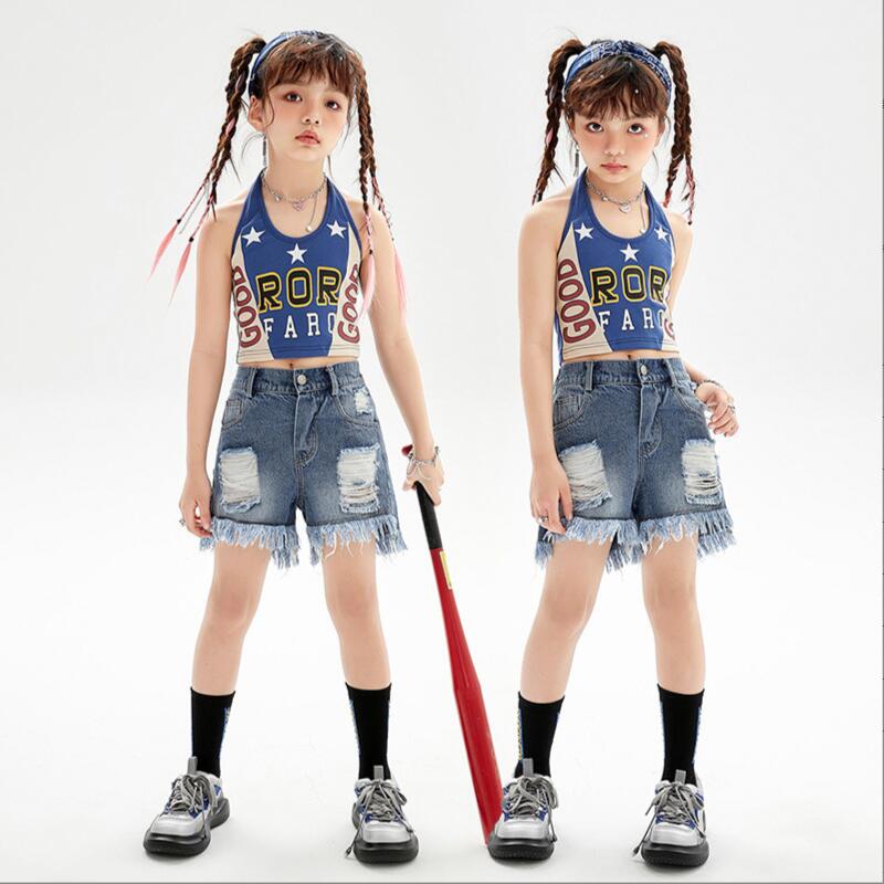 子供服 ダンス衣装 ヒップホップ HIPHOP ストリート 原宿系 レッスン ダンスウェア 上下2点セット 女の子 ホルターネック トップス デニムパンツ ショ...