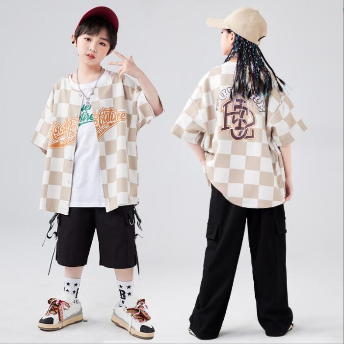 キッズダンス衣装 ヒップホップ HIPHOP セットアップ 110 120 130 140 150 160 170 チェック柄 半袖シャツ ハーフパンツ ロング...