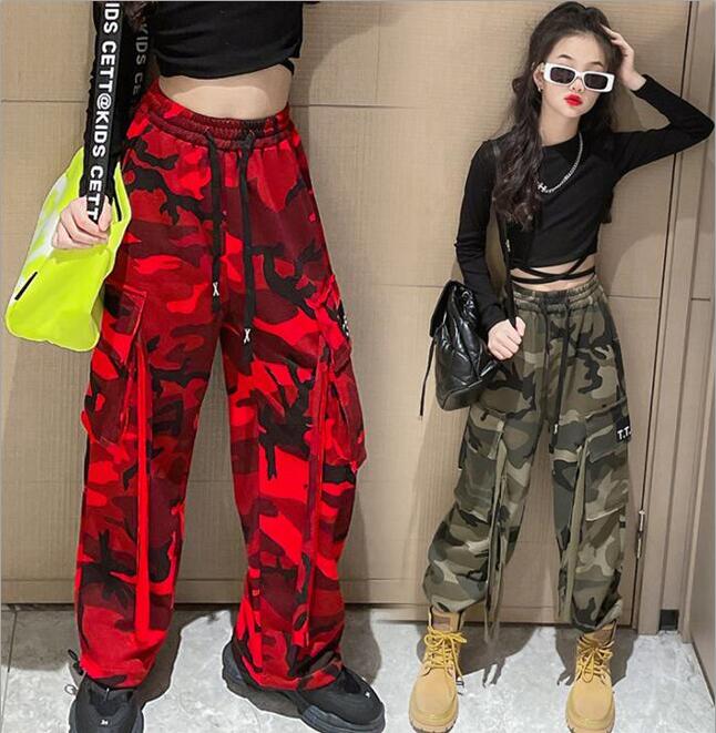 迷彩柄パンツ キッズ キッズダンス衣装 ジャズダンス カーゴパンツ ロングパンツ ハイウェスト ウエストゴム ガールズ 女の子 ガールズ ダンスパンツ ジョガー...