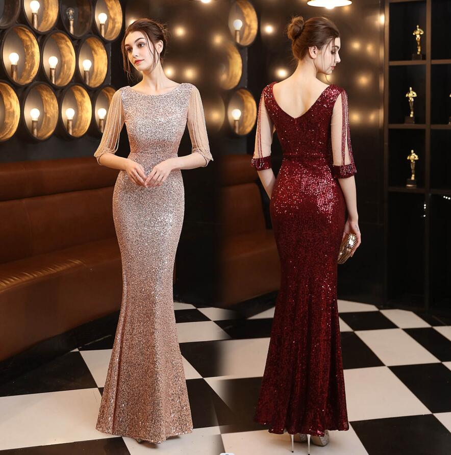 五分袖 優雅な カラードレス パーティードレス ロングドレス 花嫁 ウェディングドレス マーメイドドレス スパンコール 上品 ドレス 大きいサイズ 結婚式 二次...