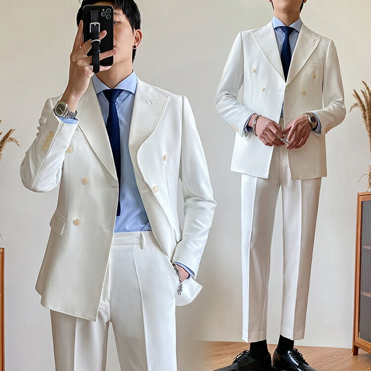 【送料無料】6COLOR ビジネススーツ 2点セット ジャケット+パンツ ダブルボタン メンズスーツ フォーマルスーツ 無地 シンプル ビジネススーツ おしゃれ 結婚式スーツ 2ピーススーツ 出勤 出張 パーティ 二次会 忘年会 披露宴 メンズ スリムスーツ セットアップ