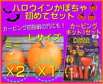 ★送料無料！初挑戦！ハロウィン用かぼちゃ初めてセット★【L1個＋ミニ2個】＋【カービング キット1セット】＋キャンドル3個ジャックオランタン ハロウィン パンプキン ハロウィンかぼちゃ