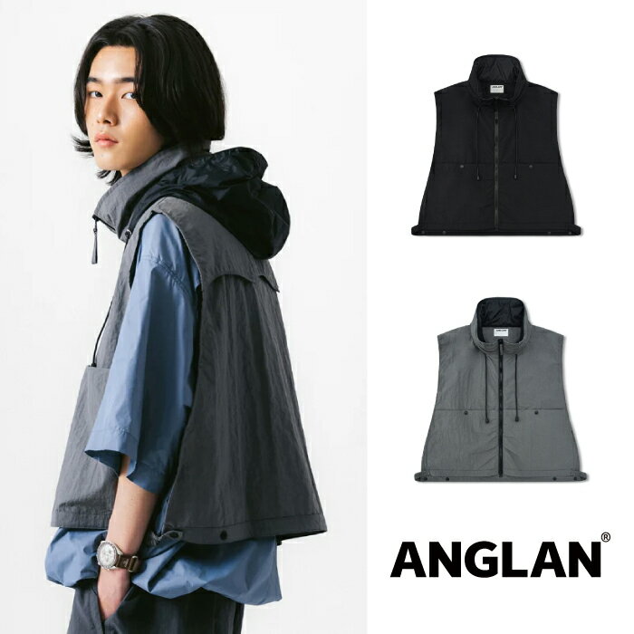 U-Neck - ANGLAN アングラン Nylon Hidden Hood Crop Vest - 送料無料 ブラック グレー ナイロン 半袖 無地 ユニセックス ロゴ セットアップ 長袖