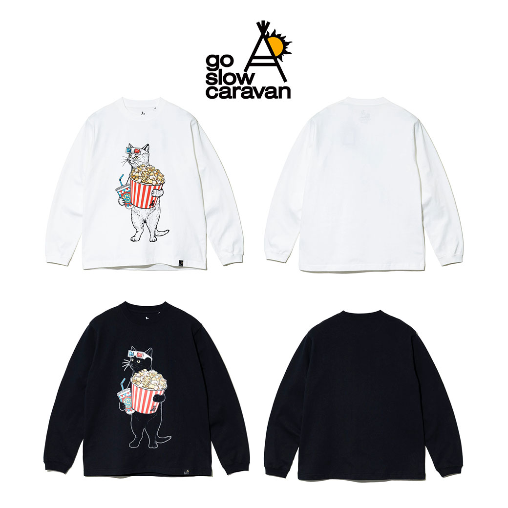 【楽天スーパーセール】go slow caravan ゴースローキャラバン USA/C シネマ猫ロングスリーブ TEE アウトドア キャンプ Tシャツ メンズ レディース 長袖 綿 コットン ホワイト ブラック ネコ ポップコーン 映画 wflags-10001144 WFLAGS楽天市場店 サンプル画像2