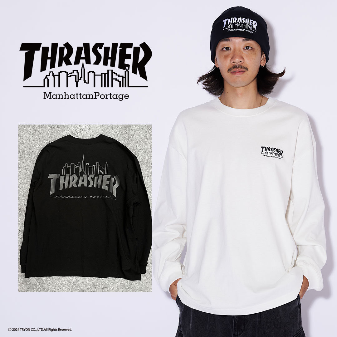 THRASHER × Manhattan Portage スラッシャー マンハッタンポーテージ L/S PRINT T-SHIRT 24FW-MP-M586 正規品 Tシャツ 長袖 TEE プリント メンズ レディース ユニセックス 送料無料 ストリート カジュアルファッション スケーター スケボー スケートボード ロゴ