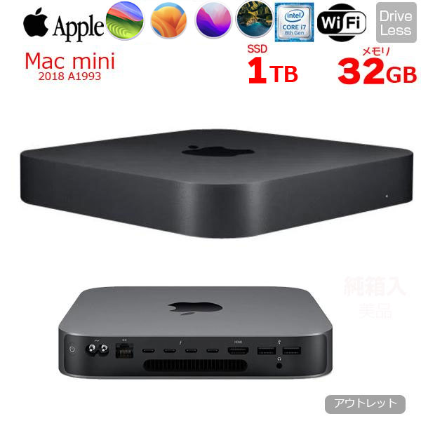 【中古】Apple Mac mini MRTT2J/A A1993 2018 小型デスク 選べるOS Core i7 8700B 3.2GHz メモリ32GB SSD1TB 無線 BT スペースグレイ ：アウトレット