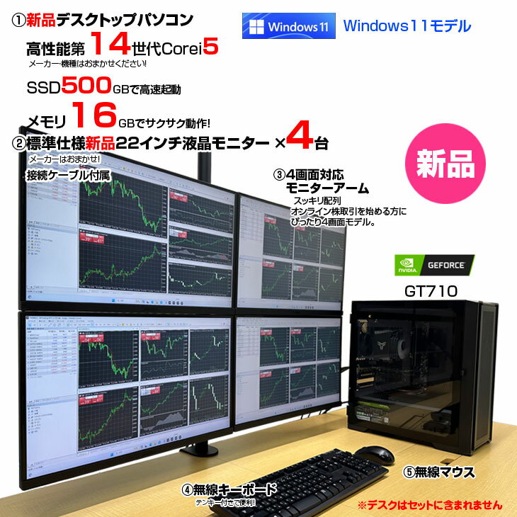 【新品】トレーディングPC4 FX 株 デイトレ 仮想通貨 22型×4画面マルチモニタ トレパソNEW Office Windows11 無線キー・マウス 多画面 [Core i5 14400F 16GB 500GB ] ：新品 - Image 3