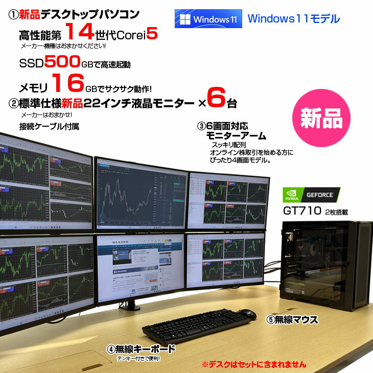 【新品】トレーディングPC6 FX 株 デイトレ 仮想通貨 22型×6画面マルチモニタ トレパソNEW デラックス 14世代 Corei5 14400F Office Windows11 無線キー・マウス 多画面 [Core i5 14400F 16GB 500GB ] ：新品 - Image 3