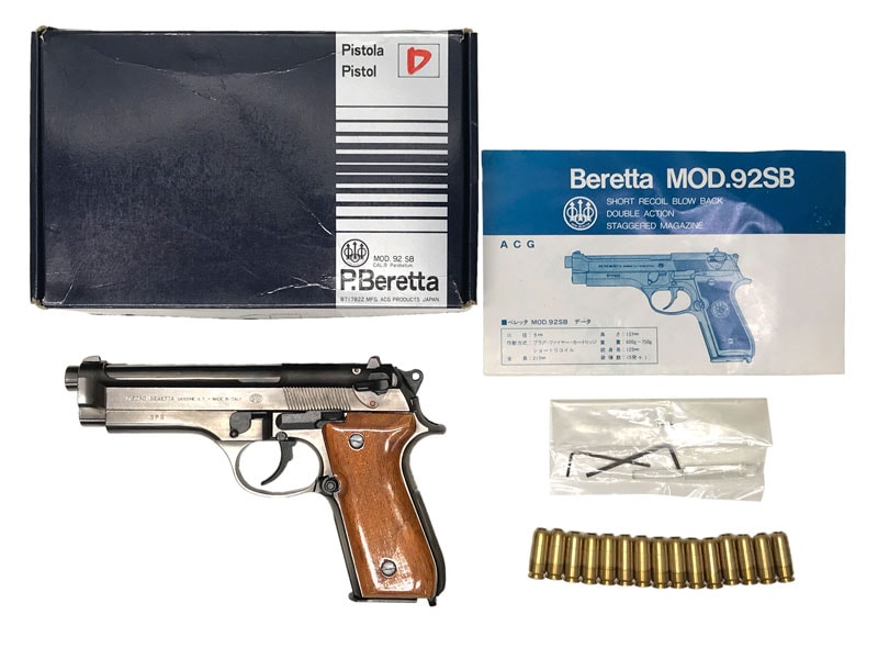 【中古 ビンテージ品】[ACG_スズキ] ベレッタM92SB ABS 発火モデルガン 木製グリップカスタム【ランクB..