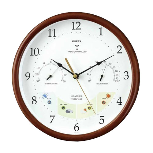 【5%OFFクーポン付き】EMPEX BW-873 ウェザーパル電波時計1台4役 木枠 掛時計 〔エンペックス気象計〕