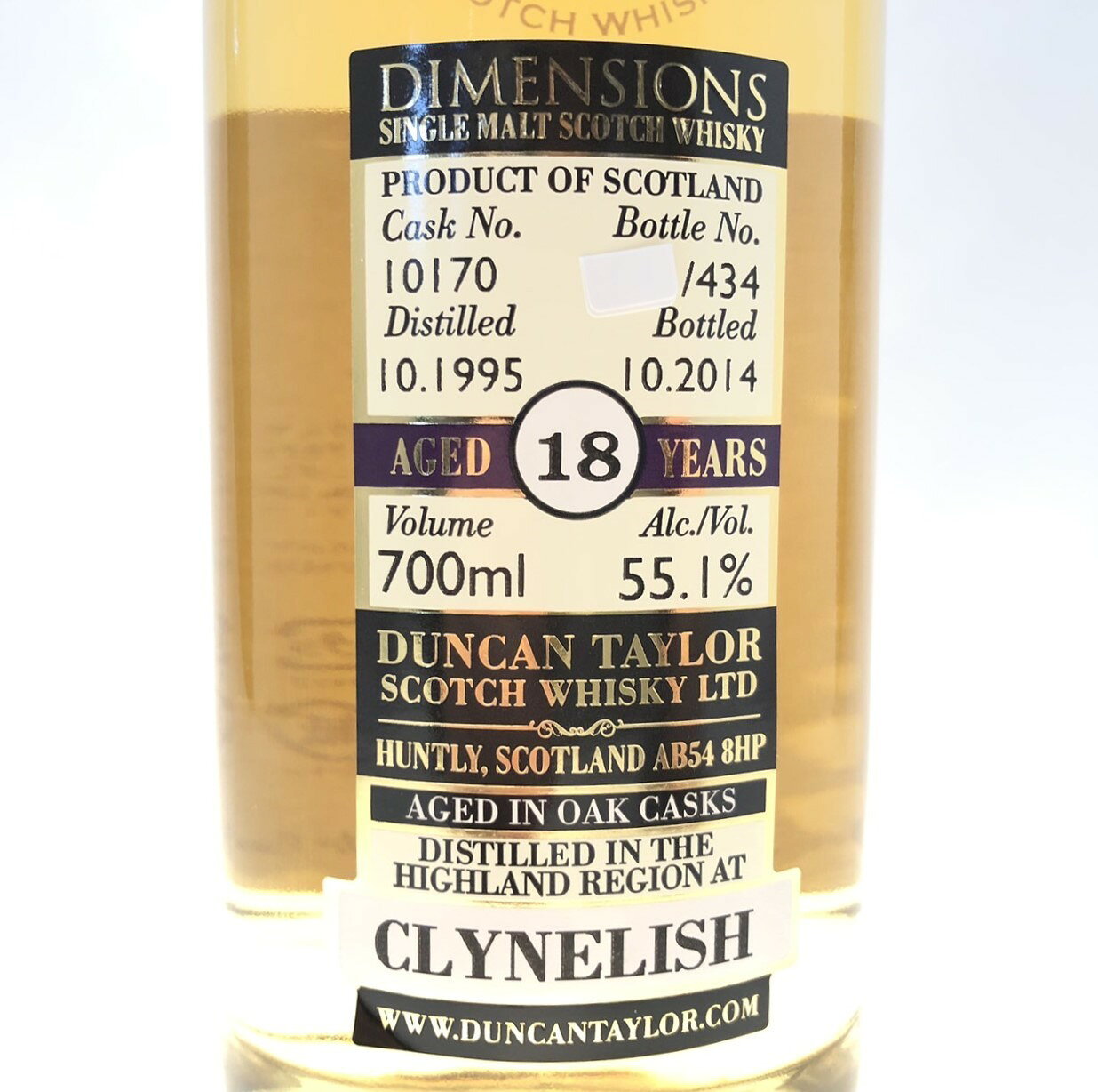ダンカンテイラー社”ダイメンションズ”クライヌリッシュ蒸溜所18年（1995-2014）DUNCAN TAYLOR”DIMENSIONS”CLYNELISH DISTILLERAGED 18 YEARS Cask No.10170Bottle No.43455.1％vol ／ 700ml