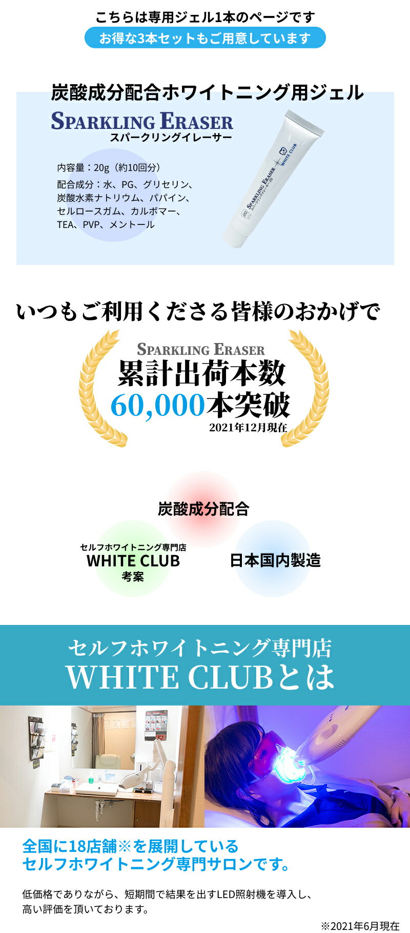 【累計60,000本突破！】スパークリングイレーサー ジェル ホワイトクラブ LED照射器 すべてに対応 国産ジェル 20g ホワイトニング 黄ばみ 歯垢