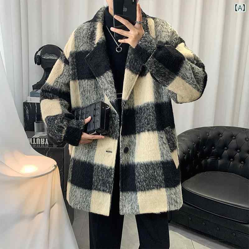 乐天商城 - メンズファッション春夏秋冬かっこいいオシャレモテ男性用紳士服服韓国シンプル大人男性用チェック柄ウールコート冬用スーツジャケット厚手トレンチコート