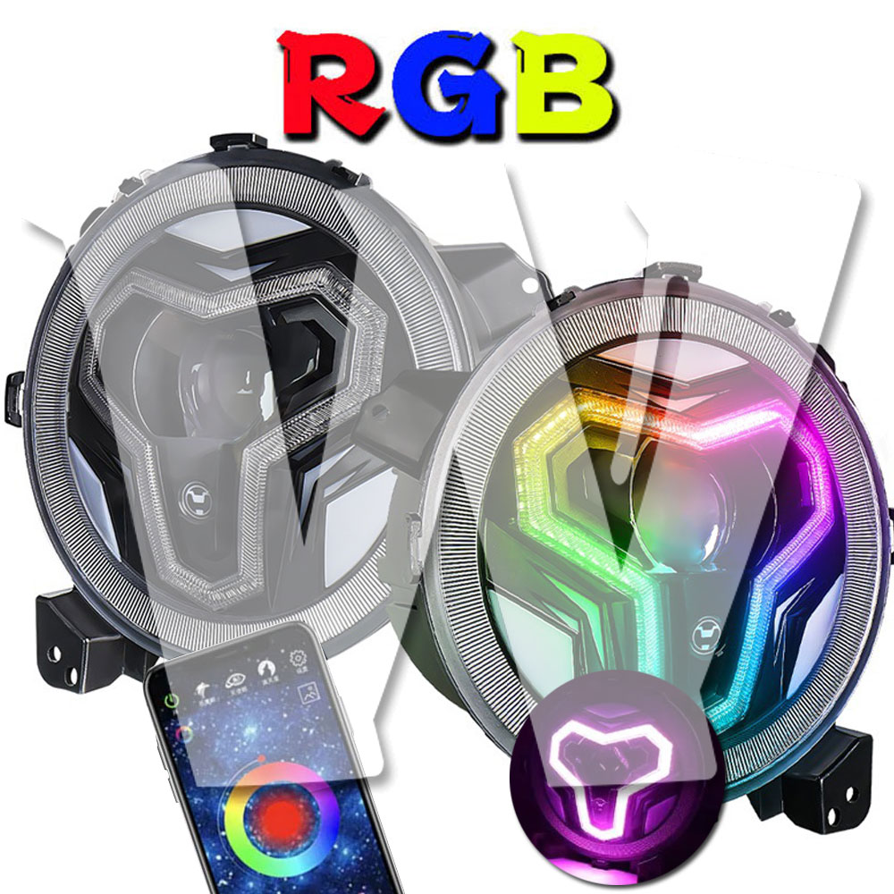 新製品!! 9インチ DOT認証 RGB HALOs LEDヘッドライト 2018~2023年式 ジープ ラングラー JL JLU 2020~2023年式 グラディエーター JT サハラ ルビコン ハイ/ロー/ディライト/ウインカー切替 Hi.Low.DRL.TURN 6500K ホワイト 新車検対応 多彩 アセンブリライト 光軸調整 2個