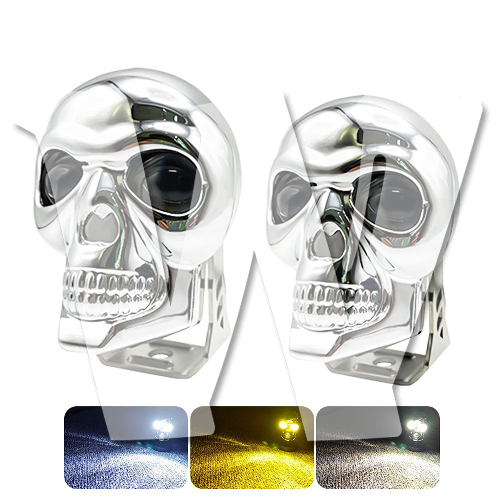 SKULL LED スッポトライト 60W ワークライト 作業灯 3モードタイプ ホワイト/イエロー/ホワイト・イエロー同時発光 シルバー 12V/24V兼用 オートバイ バイク SUV 前照灯 投光器 防水 防塵 防震 大型車 トラック ランクル 除雪車 漁船 トラクター 漁業用 2個 汎用
