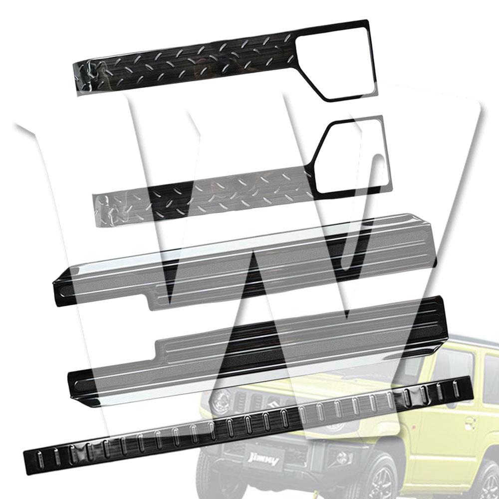 【ジムニー専用 3ドア】 JB64/JB74 3ドア 2018年-以降 ドアシルガード&ステップ リアトリムカバー ドアキック防止パネルカバー 側保護ガード テールゲート内側ガード 【ブラック】 フルキット 滑り止め加工 ステンレス 内装保護 カスタム インテリア アクセサリー パーツ