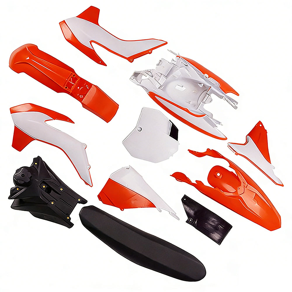 【純正交換用】2013-2014 KTM 250cc エンデューロ / モトクロス フルプラスチックセット + シート 対応：250 EXC / SX / XC-F プラスチックカウル フロント / サイド / フェンダー / アンダーガード 鞍座付き