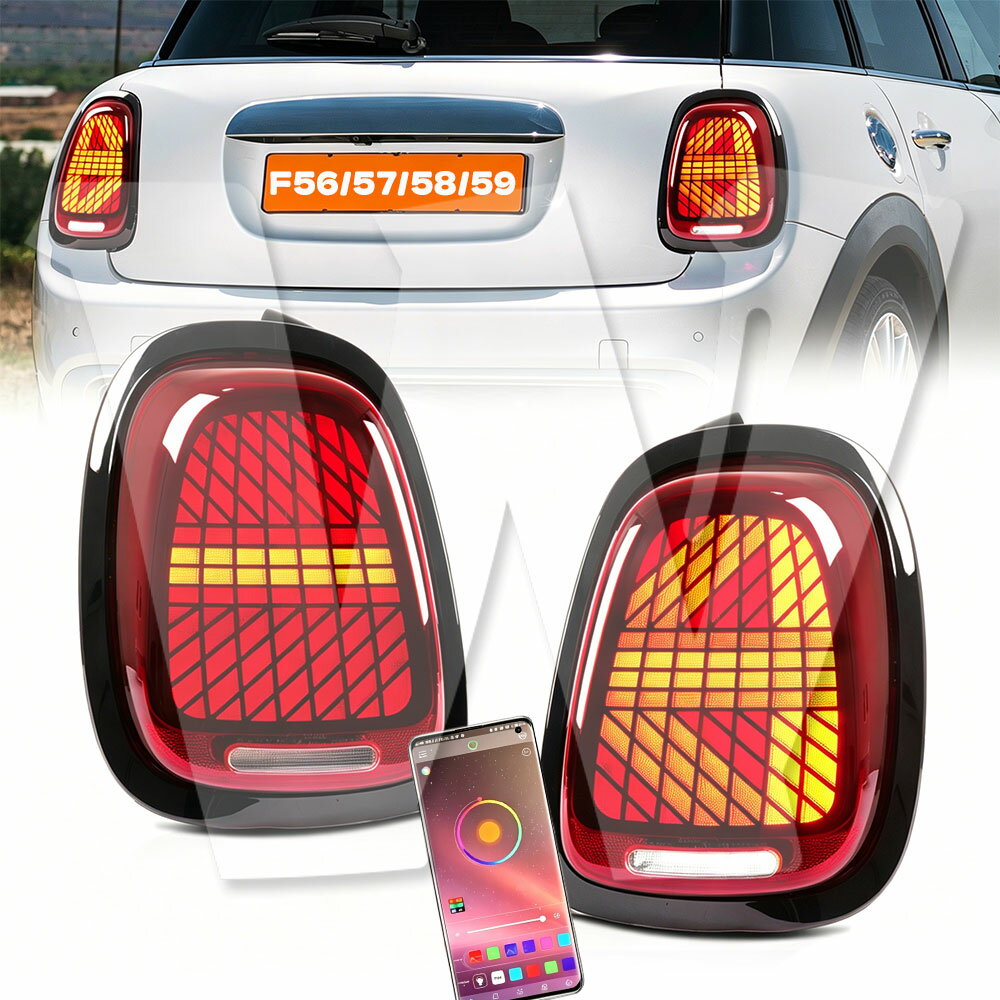 【E-MARK認証】 BMW MINI F55 F56 F57（2014-2024年モデル） フルLED テールライト ダイナミックターンシグナル レッド アニメーション アプリ操作 車検対応モード付き 左右セット 1年保証