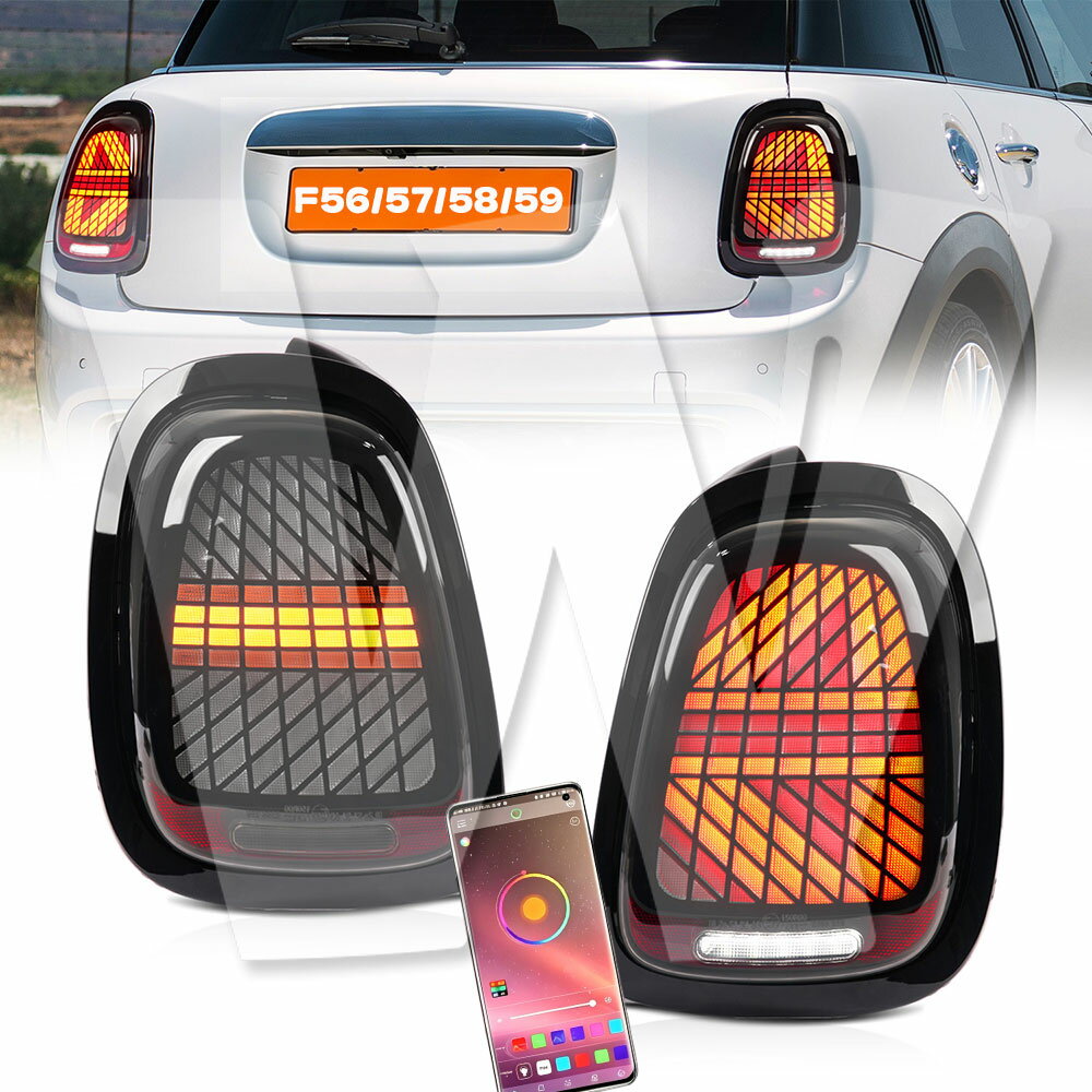 【E-MARK認証】 BMW MINI F55 F56 F57（2014-2024年モデル） フルLED テールライト ダイナミックターンシグナル レッド アニメーション スモーク アプリ操作 車検対応モード付き 左右セット 1年保証