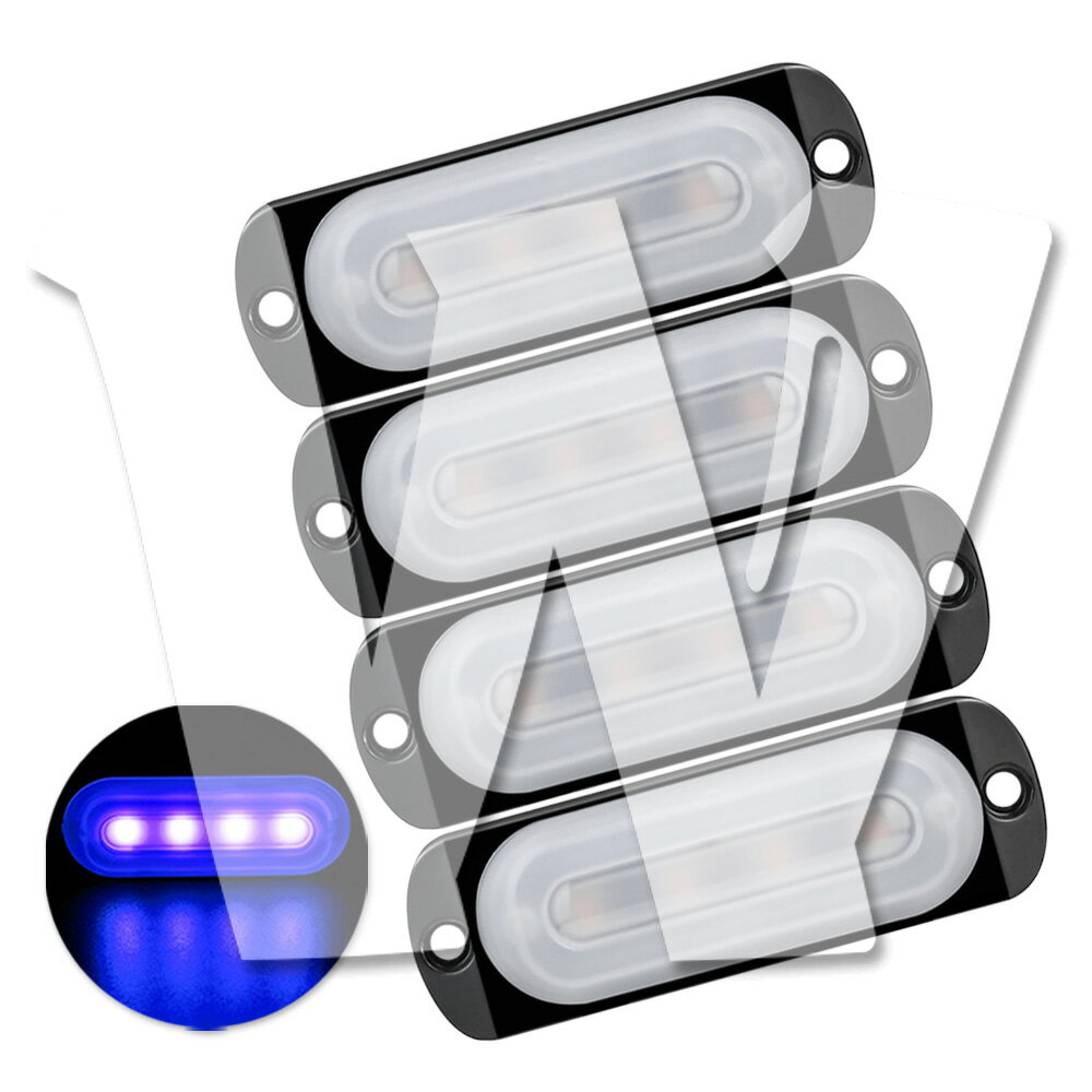 Rakuten - 発光カラー：ブルー 4連 4個 片側適用 多モードタイプ 超薄型 LED ライト ハザード ストロボ/フラッシュ/警告灯 柔光 パトロール ライトバー 緊急点滅灯 SUV トラック トレーラー ランクル 除雪車 トラクター 農業機械 建設機械 漁業用 交通整理 工事現場 12V/24V 汎用