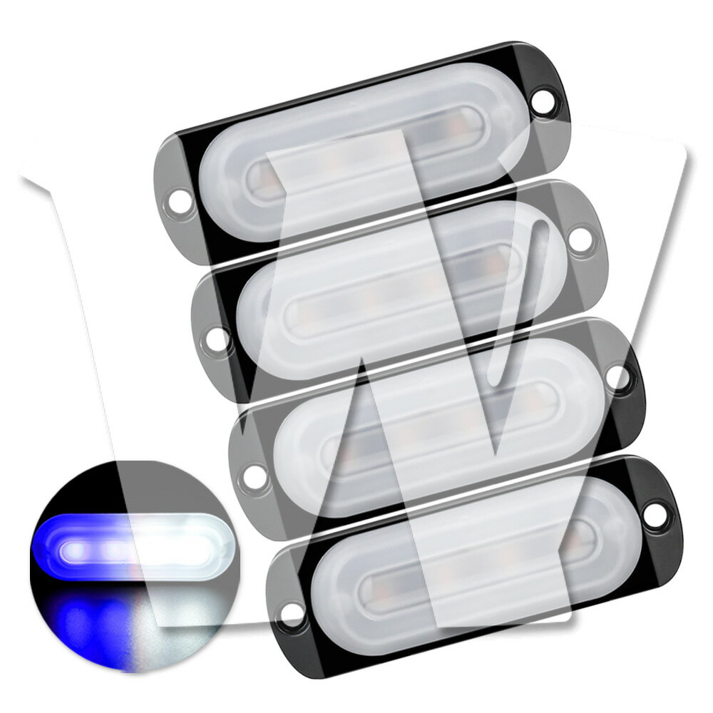 Rakuten - 発光カラー：ブルー/ホワイト 4連 4個 片側適用 多モード 超薄型 LED ライト ハザード ストロボ/フラッシュ/警告灯 柔光 パトロール ライトバー 緊急点滅灯 SUV トラック トレーラー ランクル 除雪車 トラクター 農業機械 建設機械 漁業用 交通整理 工事現場 12V/24V 汎用