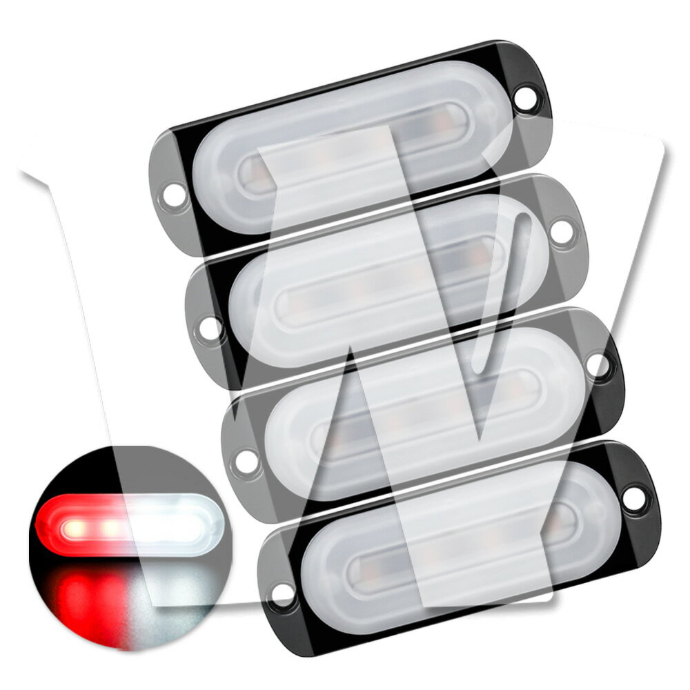 発光カラー：レッド/ホワイト 4連 4個 片側適用 多モード 超薄型 LED ライト ハザード ストロボ/フラッシュ/警告灯 柔光 パトロール ライトバー 緊急点滅灯 SUV トラック トレーラー ランクル 除雪車 トラクター 農業機械 建設機械 漁業用 交通整理 工事現場 12V/24V 汎用
