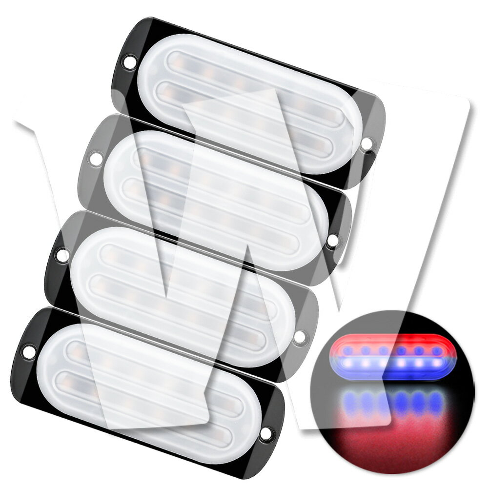 Rakuten - 発光カラー：レッド/ブルー 12連 4個 片側適用 多モード 超薄型 LED ライト ハザード ストロボ/フラッシュ/警告灯 柔光 パトロール ライトバー 緊急点滅灯 SUV トラック トレーラー ランクル 除雪車 トラクター 農業機械 建設機械 漁業用 交通整理 工事現場 12V/24V 汎用