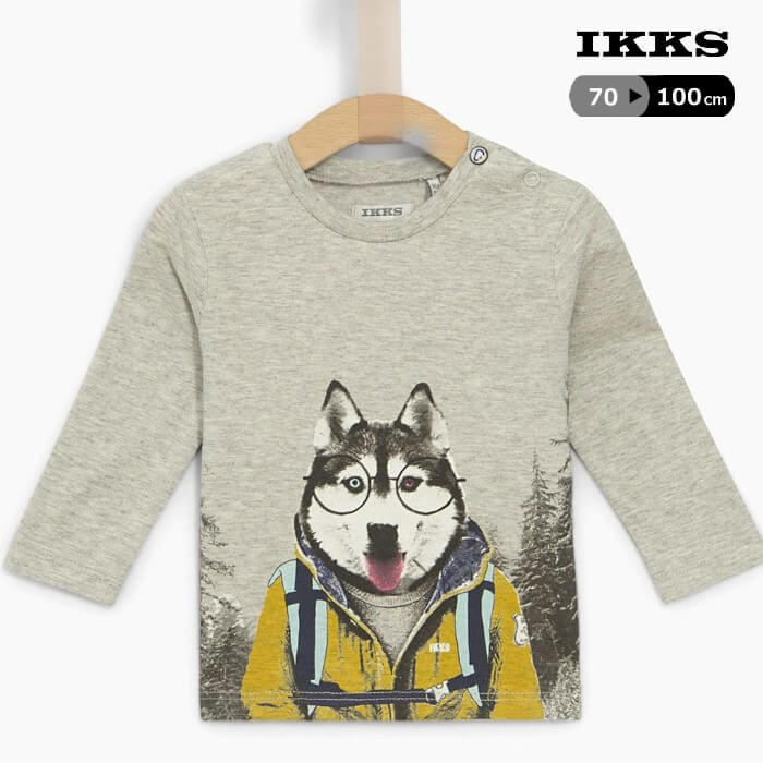 ★30%OFF★IKKS ボーイズ ハスキー犬プリント長袖Tシャツ ベビー XM10061（グレー） Tシャツ 長袖 ロンT 男の子 子供服 70 80cm【本店】